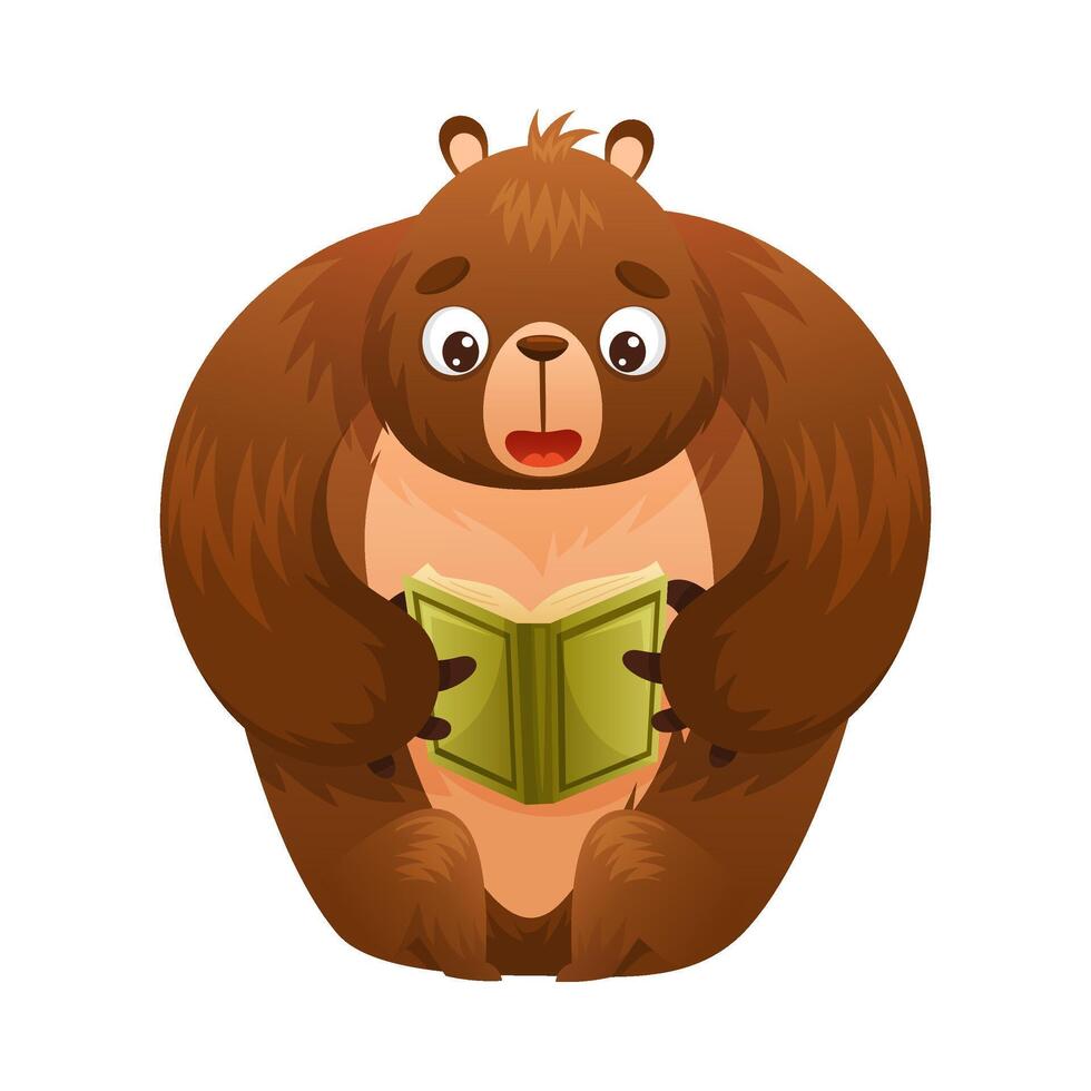 Cute bear reading book. Smart baby animal sitting and studying with book cartoon illustration vector