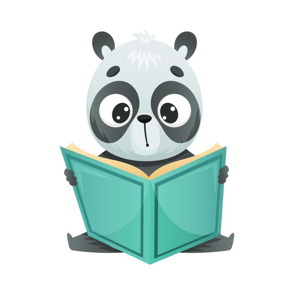 Cute panda bear reading book. Smart baby animal sitting and studying with book cartoon illustration vector