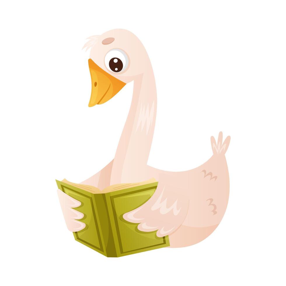 Cute gosling reading book. Smart baby bird sitting and studying with book cartoon illustration vector
