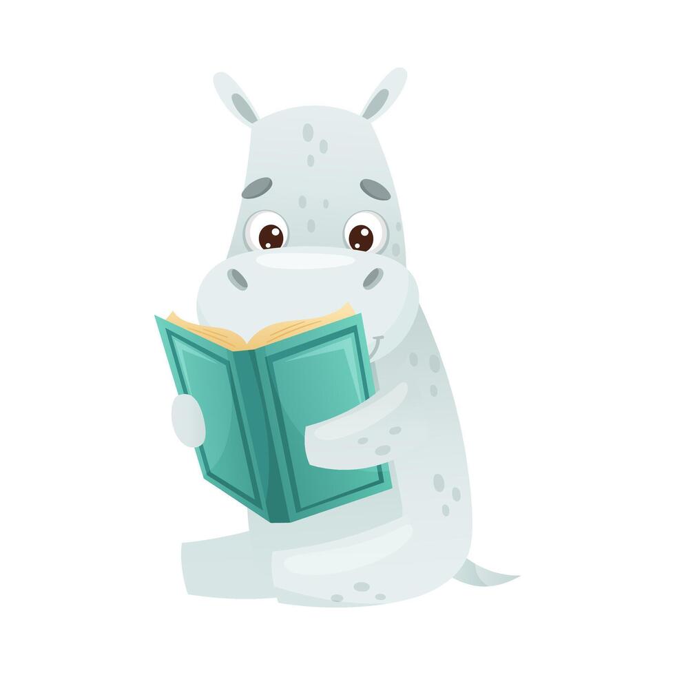 Cute hippo reading book. Smart baby animal sitting and studying with book cartoon illustration vector