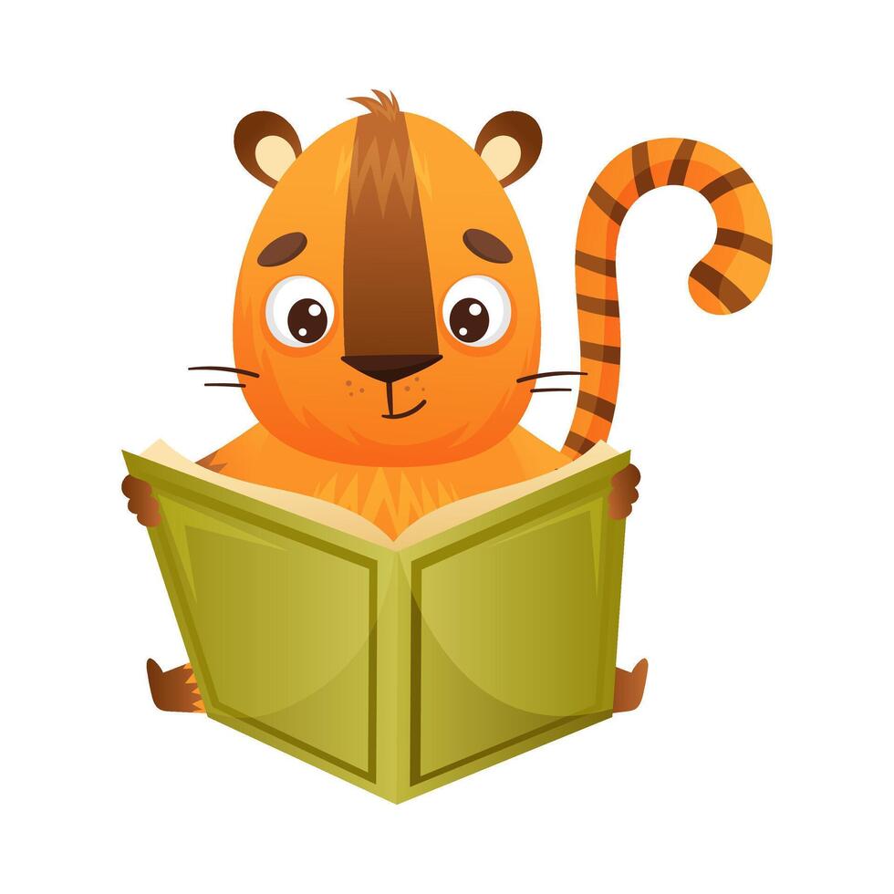 Cute chipmunk reading book. Smart baby animal sitting and studying with book cartoon illustration vector