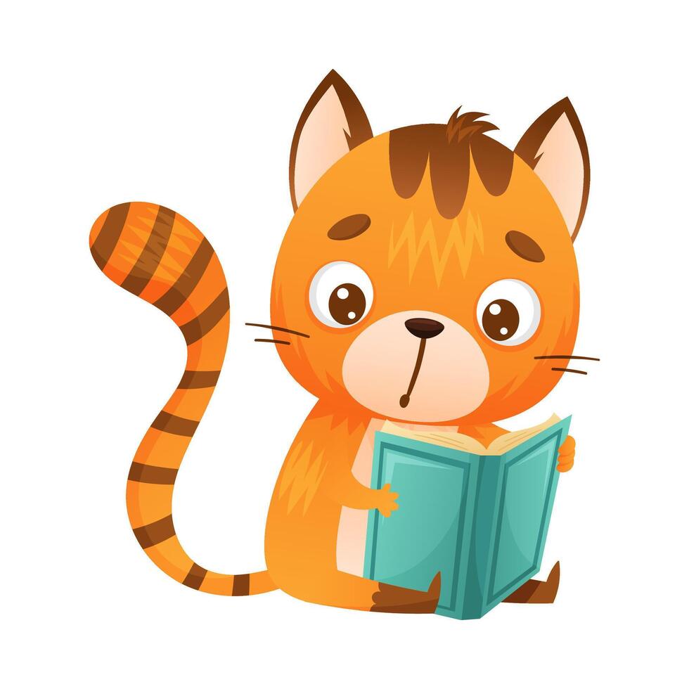 Cute kitten reading book. Smart baby animal sitting and studying with book cartoon illustration vector