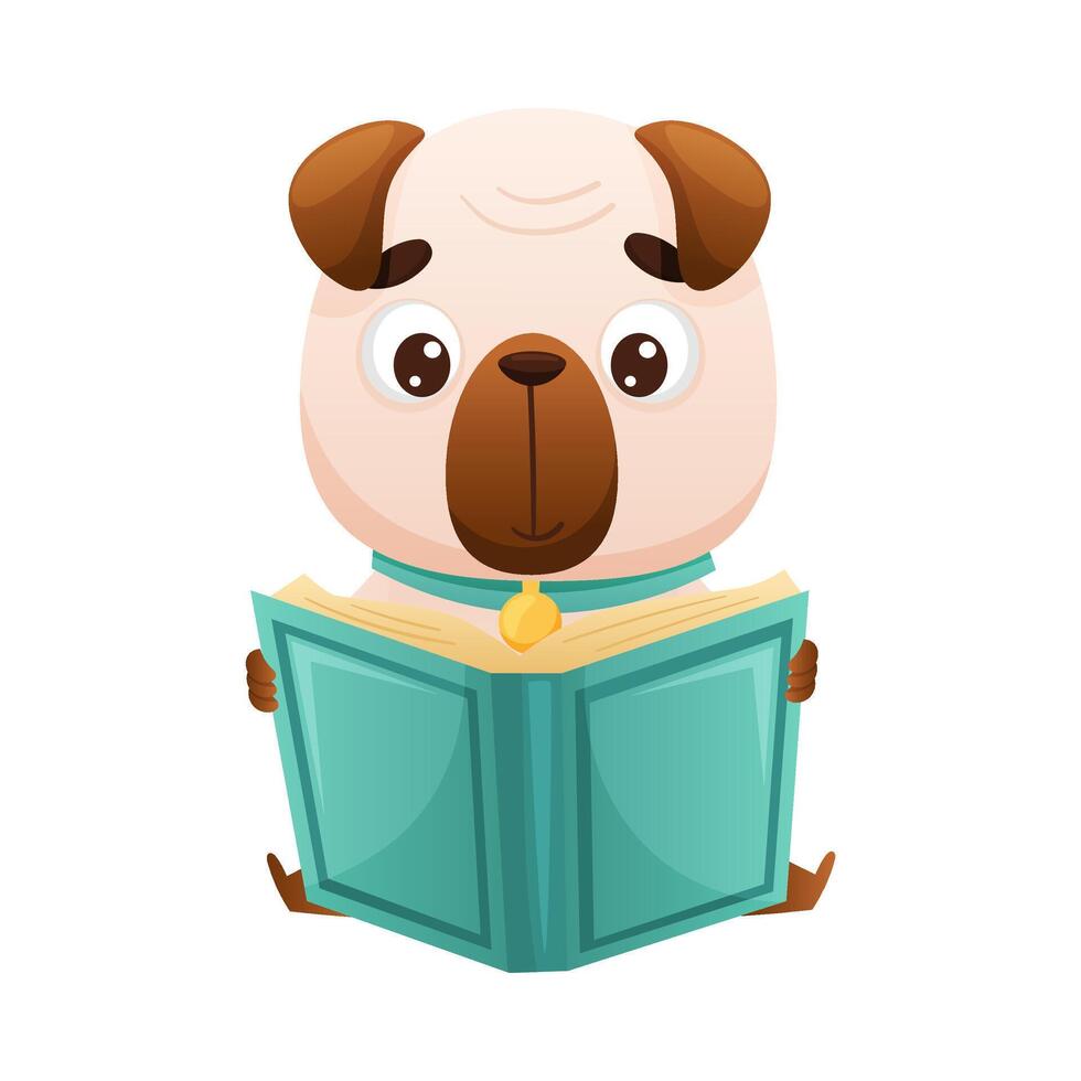 Cute puppy reading book. Smart baby animal sitting and studying with book cartoon illustration vector