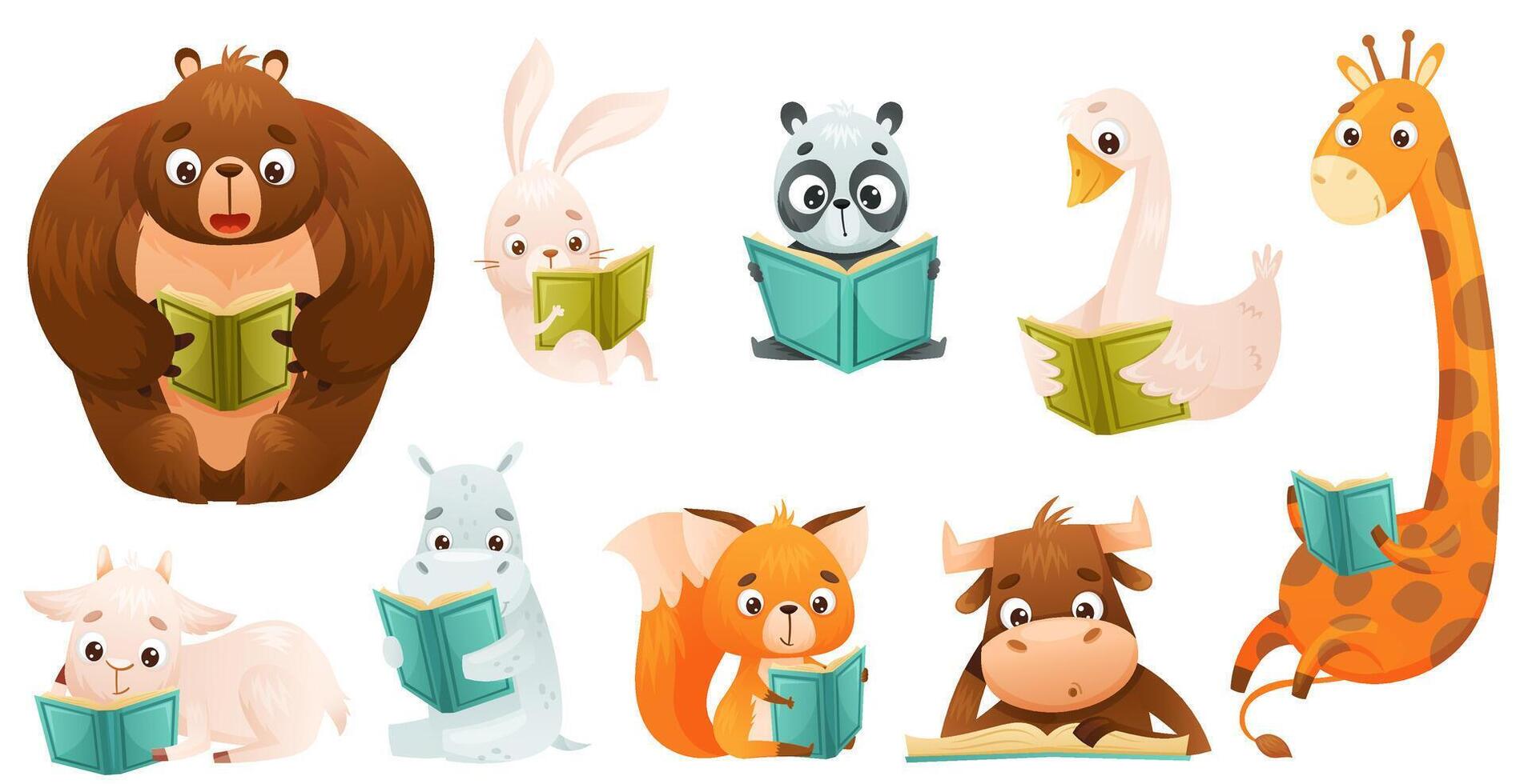 Cute baby animals reading books set. Smart hippo, calf, giraffe, pup, cow, rabbit sitting and studying with book cartoon illustration vector