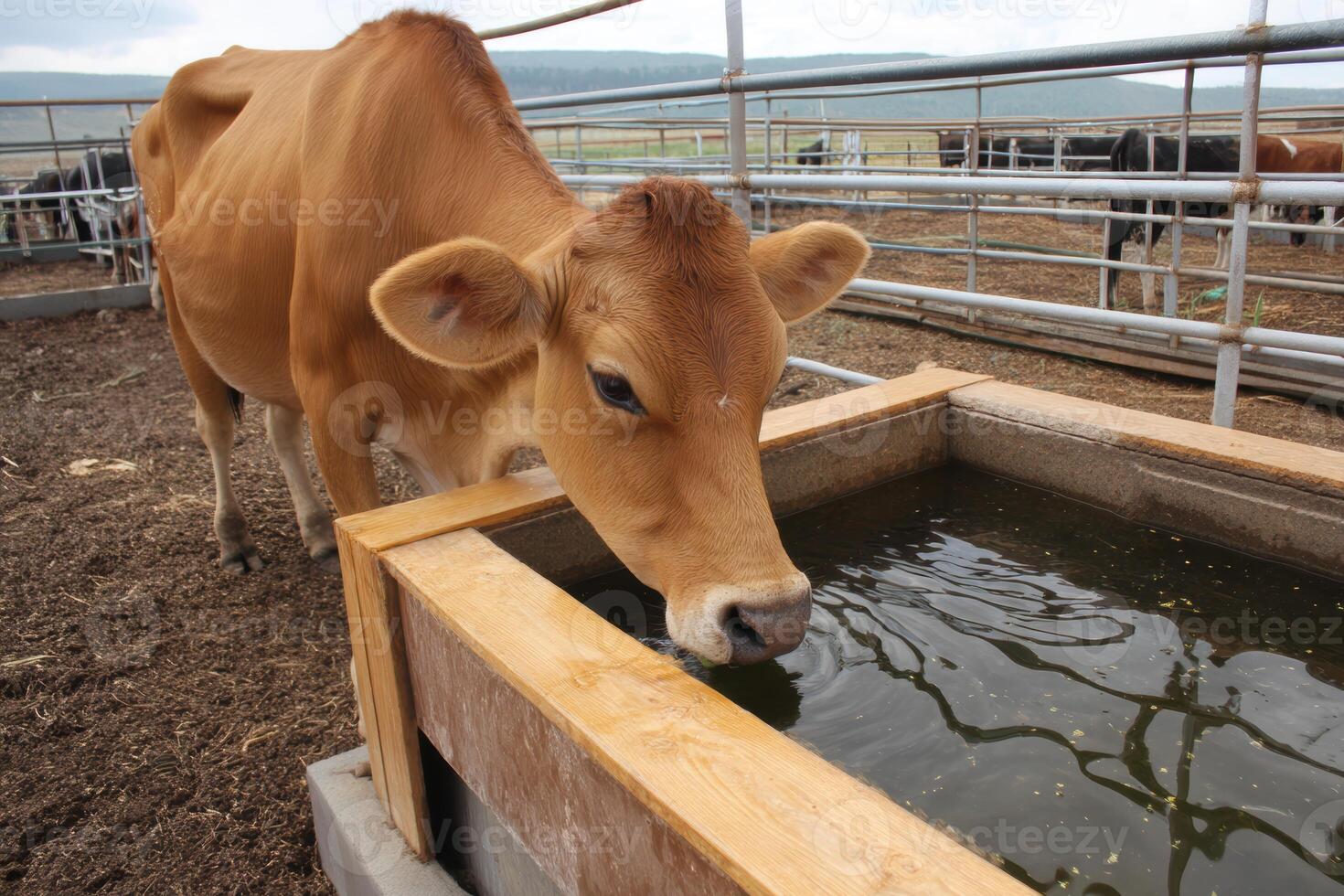 Cow Hydrating in Open Pen. Rural Farm Life and Freshwater Access for Ethical Farming photo