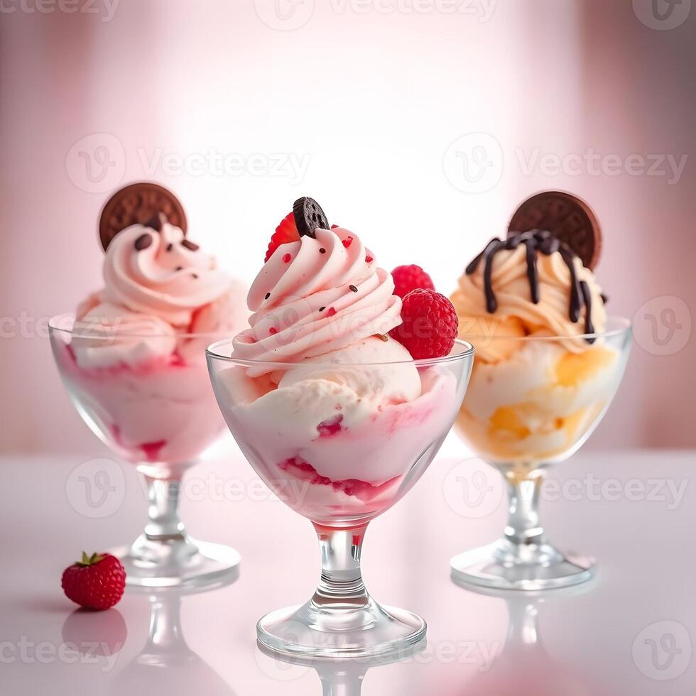 Three Sundaes with Cookies and Raspberries in Glass Goblets on a Reflective Surface photo