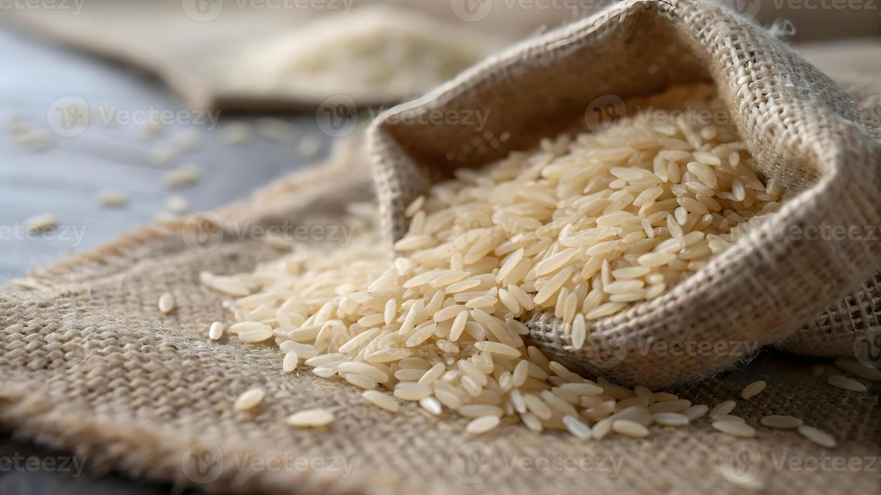 Uncooked Rice Grains Spilling from a Burlap Sack on Neutral Surface photo