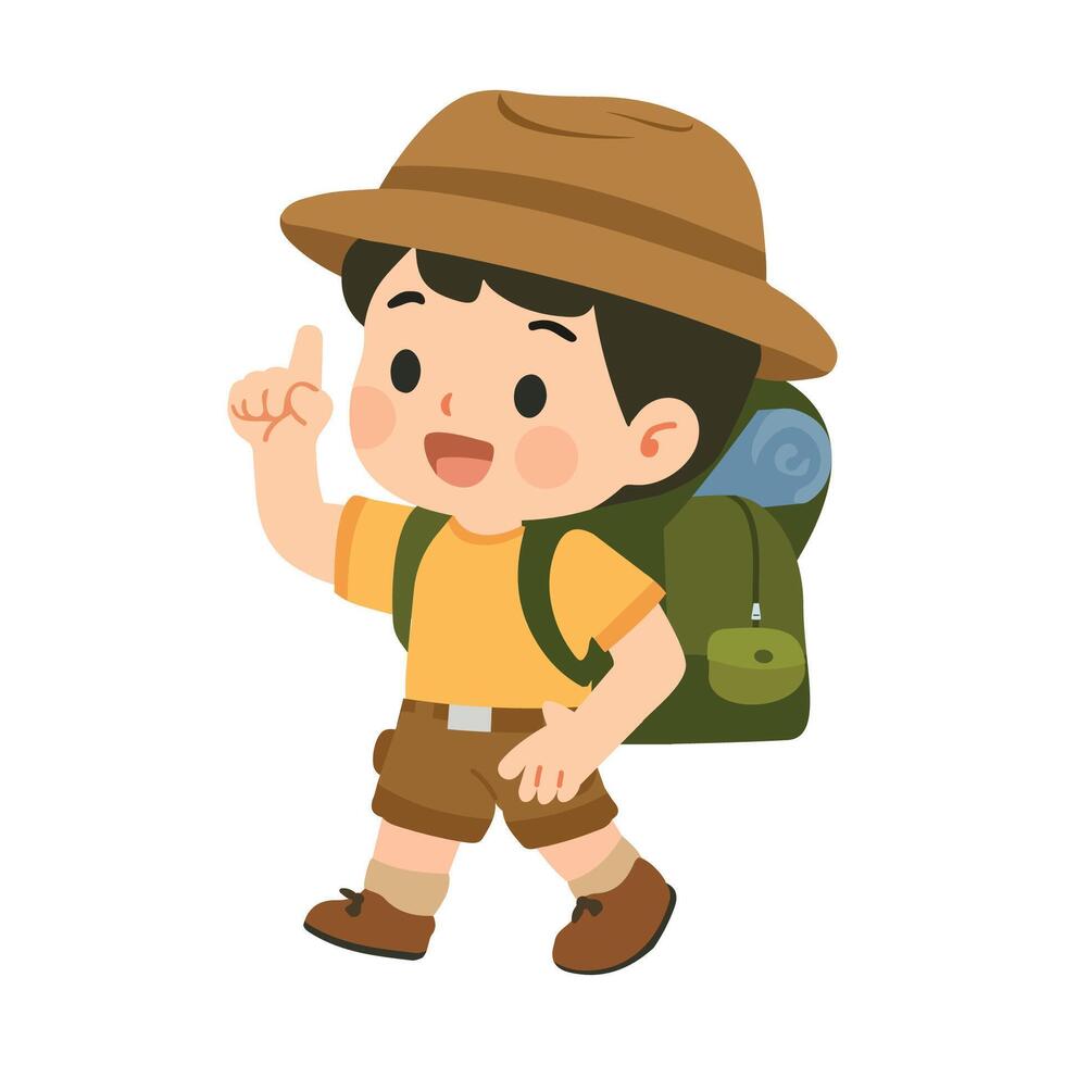 Boy Hiking with Backpack and Hat vector