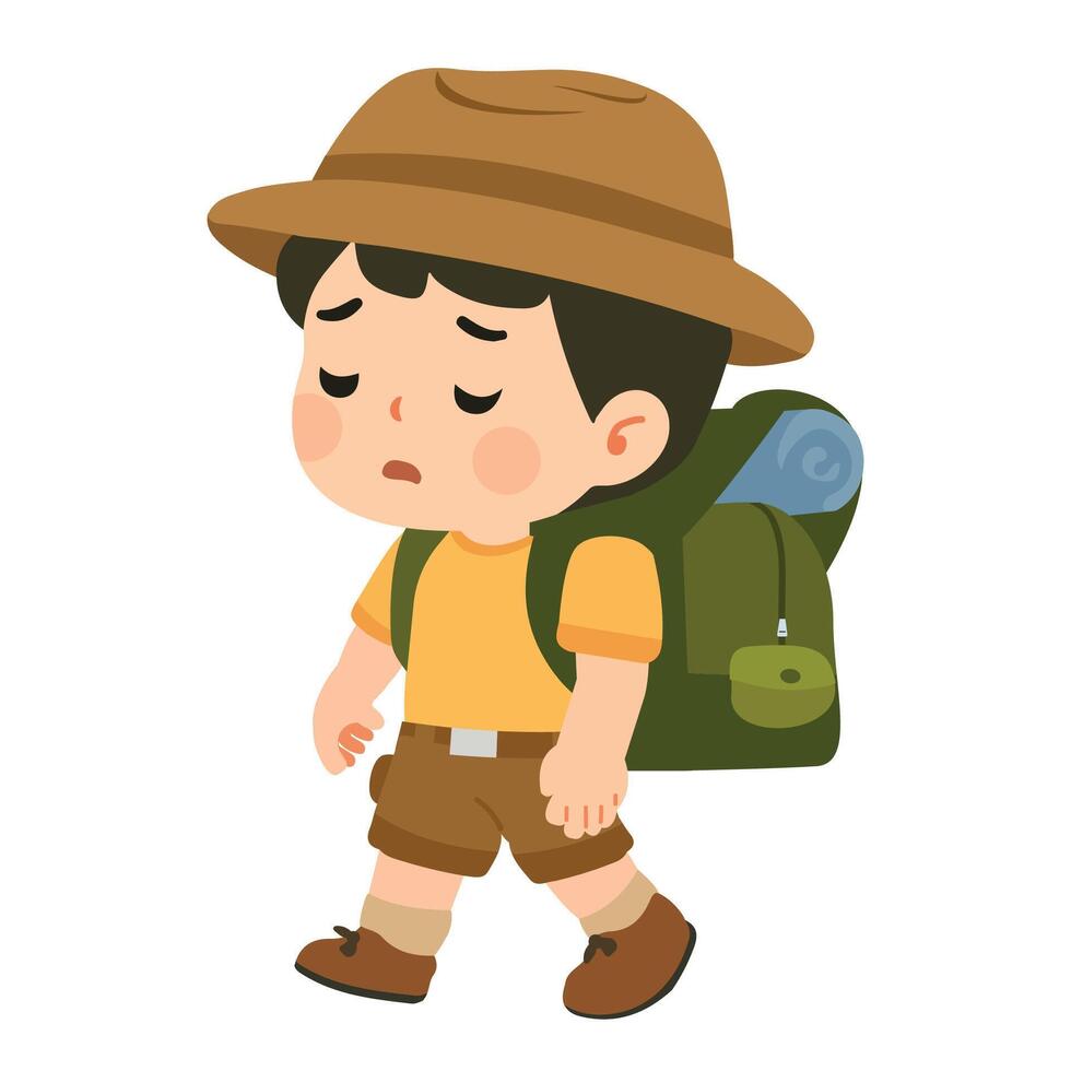 Tired Cartoon Boy Hiking with Backpack vector