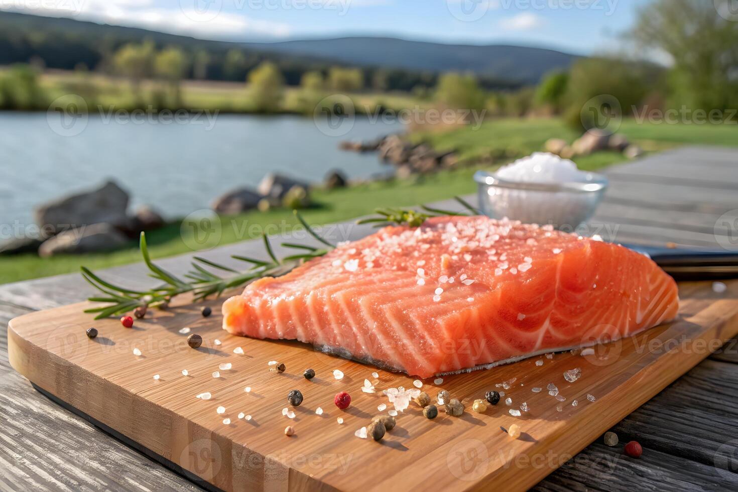 Fresh Salmon Fillet Sprinkled with Salt on a Wooden Board Outdoors photo