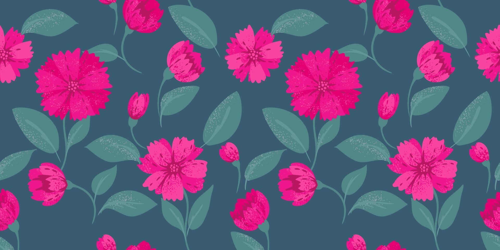 Abstract large flowers and big leaves seamless pattern on turquoise background. hand drawn unique floral print. Ornament for designs, children textiles, notebook cover vector