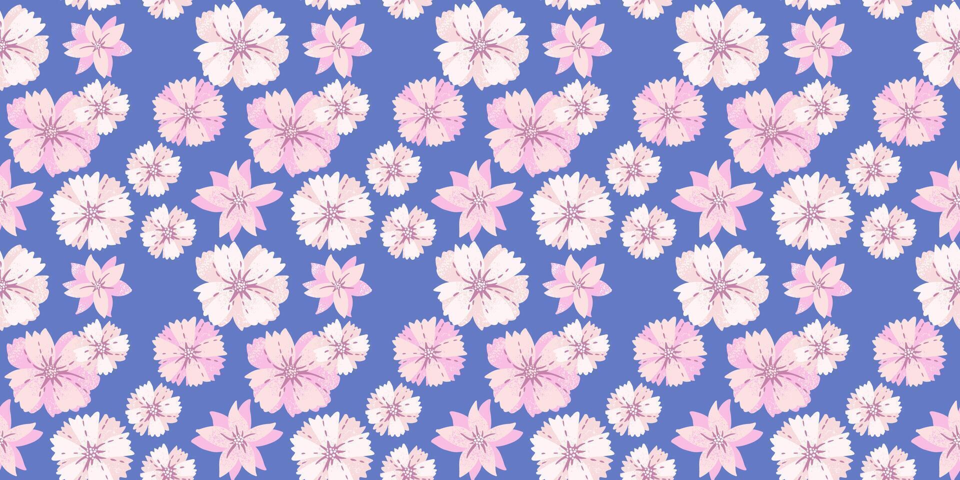 Abstract exotic floral seamless pattern on a blue background. Hand drawn stylized daisy flowers print. Contemporary ornament for designs, fabric, textiles vector