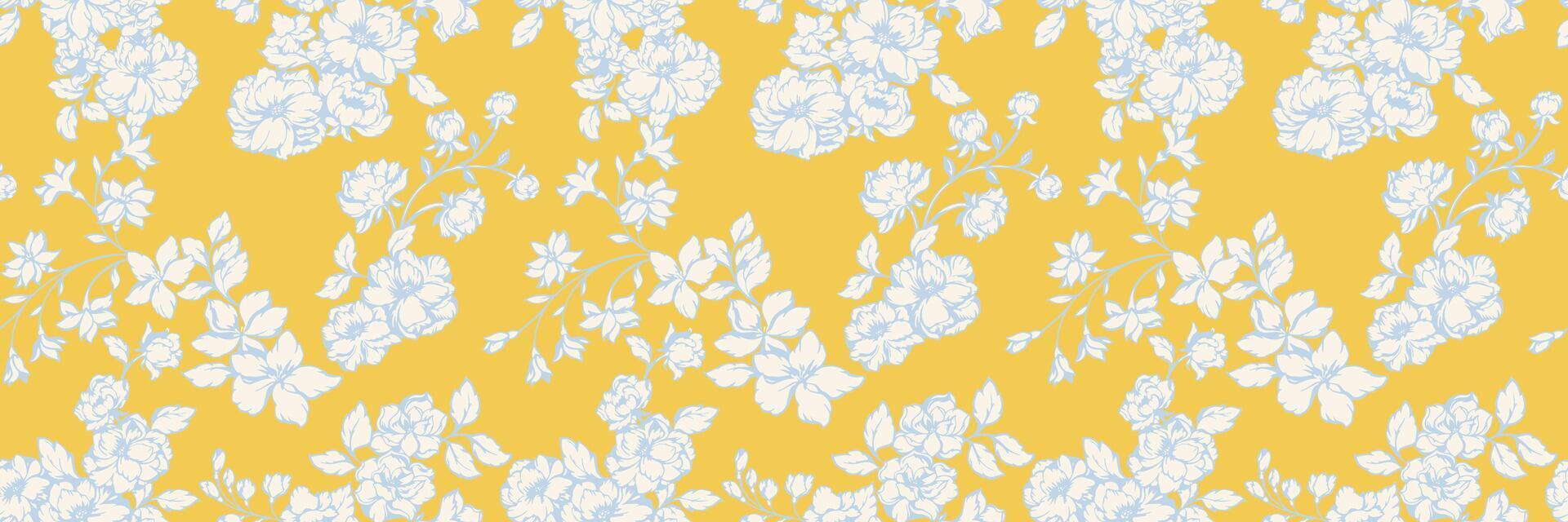 Elegant seamless floral pattern featuring delicate blossoms with intricate line art on a vivid yellow background. Classic botanical style, perfect for textiles, wallpapers, invitations, and decor vector