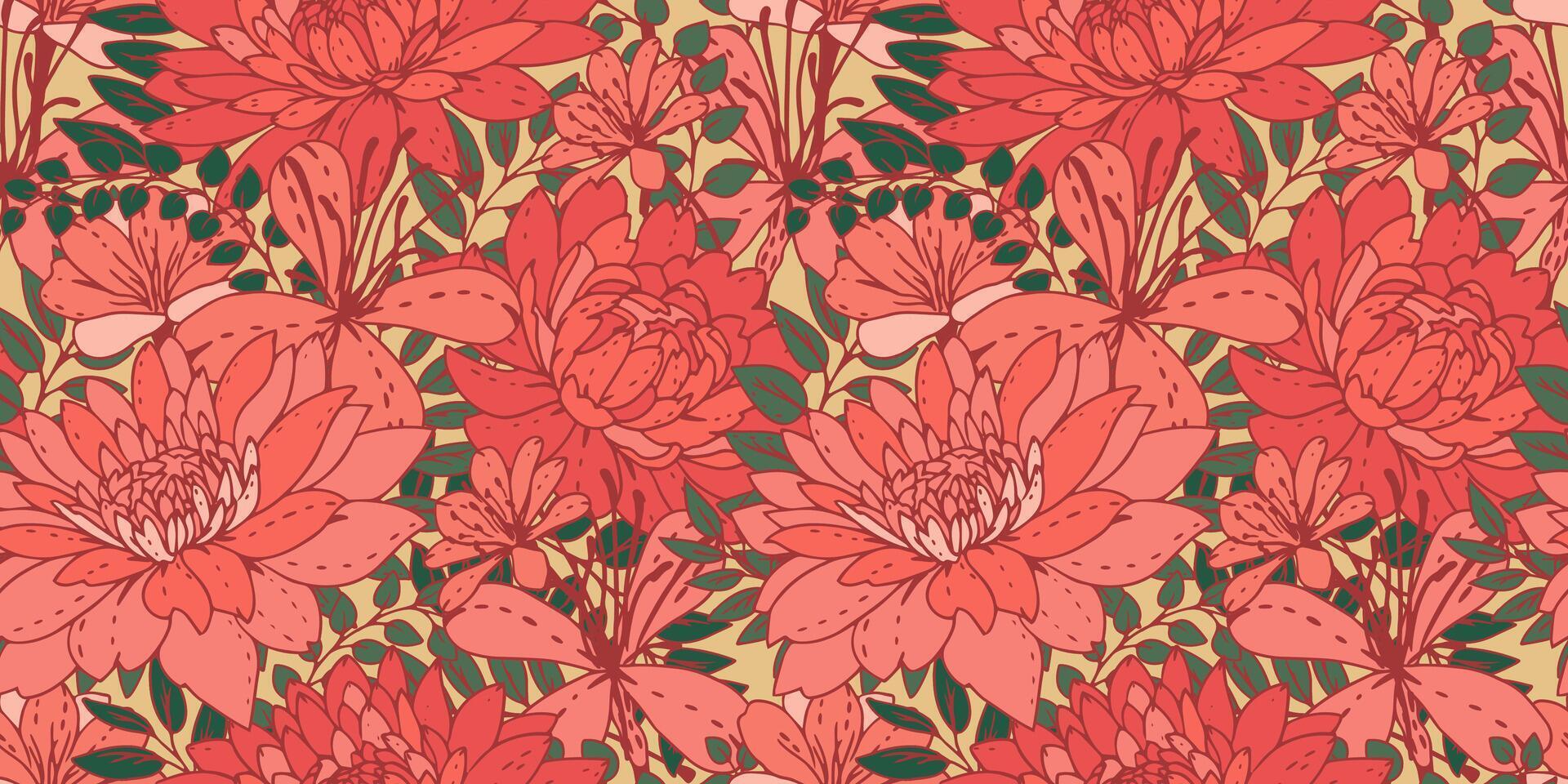 Colorful floral seamless pattern. Blooming meadow plants. Artistic abstract flowers and leaves repeated print. drawn botanical illustration. Nature ornament for designs vector