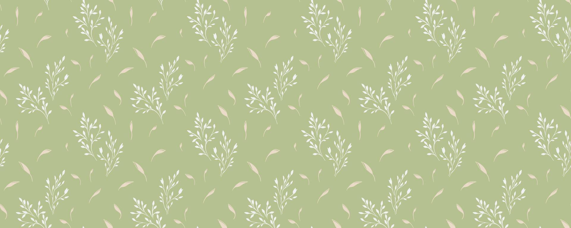 Seamless botanical pattern with delicate tiny branches and small leaves on a muted green, pastel mint background. Nature ornament for fabric, wallpaper, stationery, eco friendly, packaging, designs vector