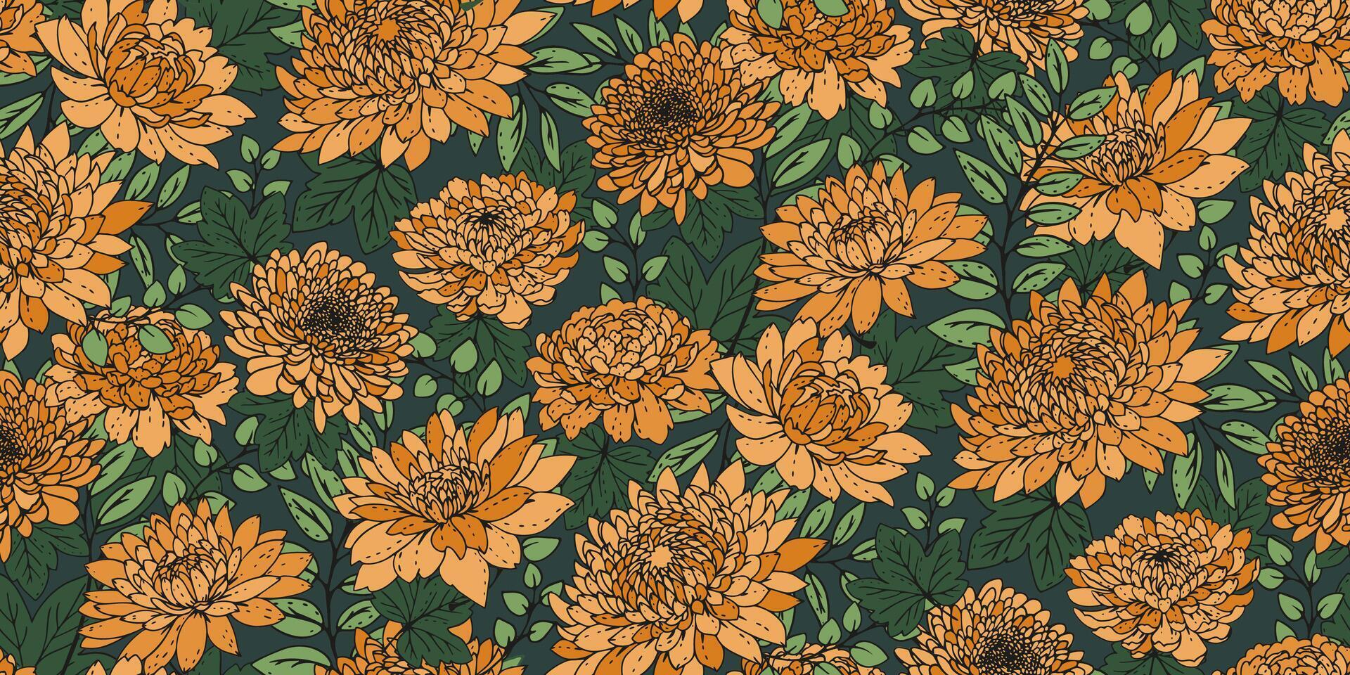 Summer blooming meadow seamless floral pattern. Abstract artistic yellow flowers and leaf print on a green background. drawn botanical illustration. Nature ornament for designs vector