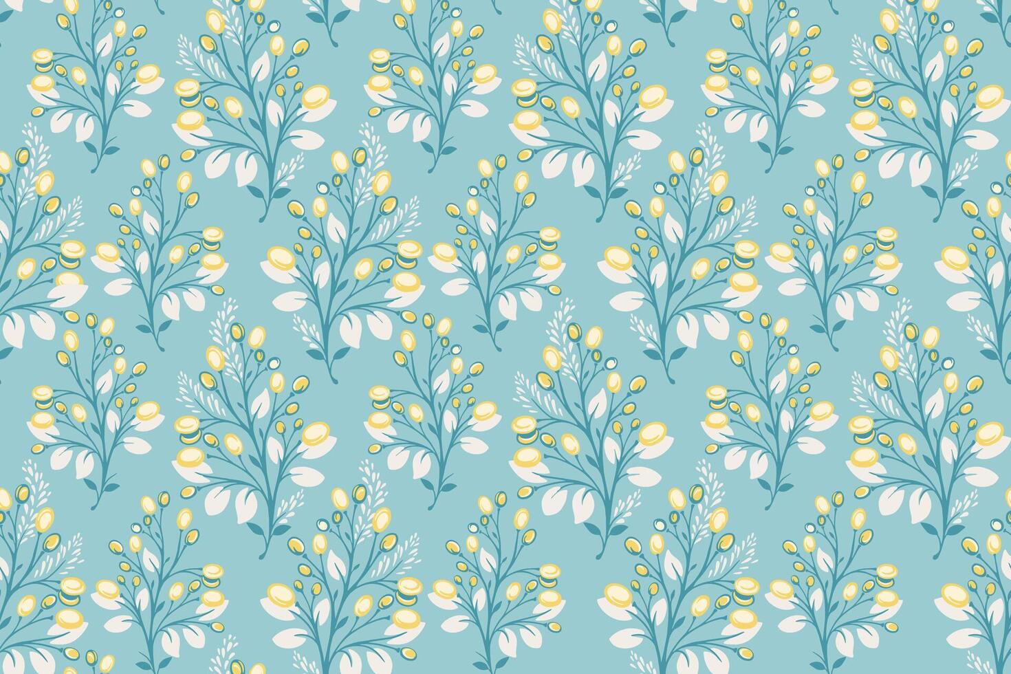 Seamless botanical pattern with delicate floral branches, bright blue background, and yellow berries. Elegant and vintage inspired, perfect for Christmas decor, holidays designs, fabric, wallpaper vector
