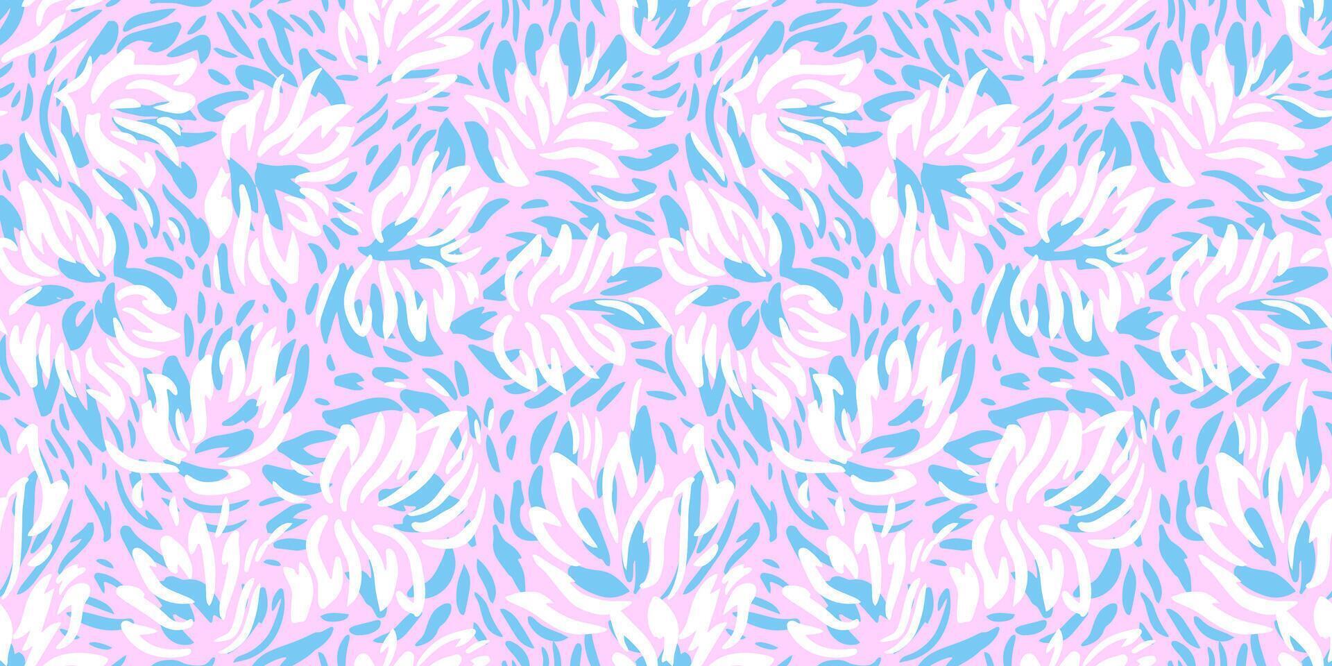 Bright seamless pattern featuring dynamic abstract floral shapes in pink and blue tones. Perfect for print design textiles, wrapping paper, wallpapers, and contemporary decorative projects vector