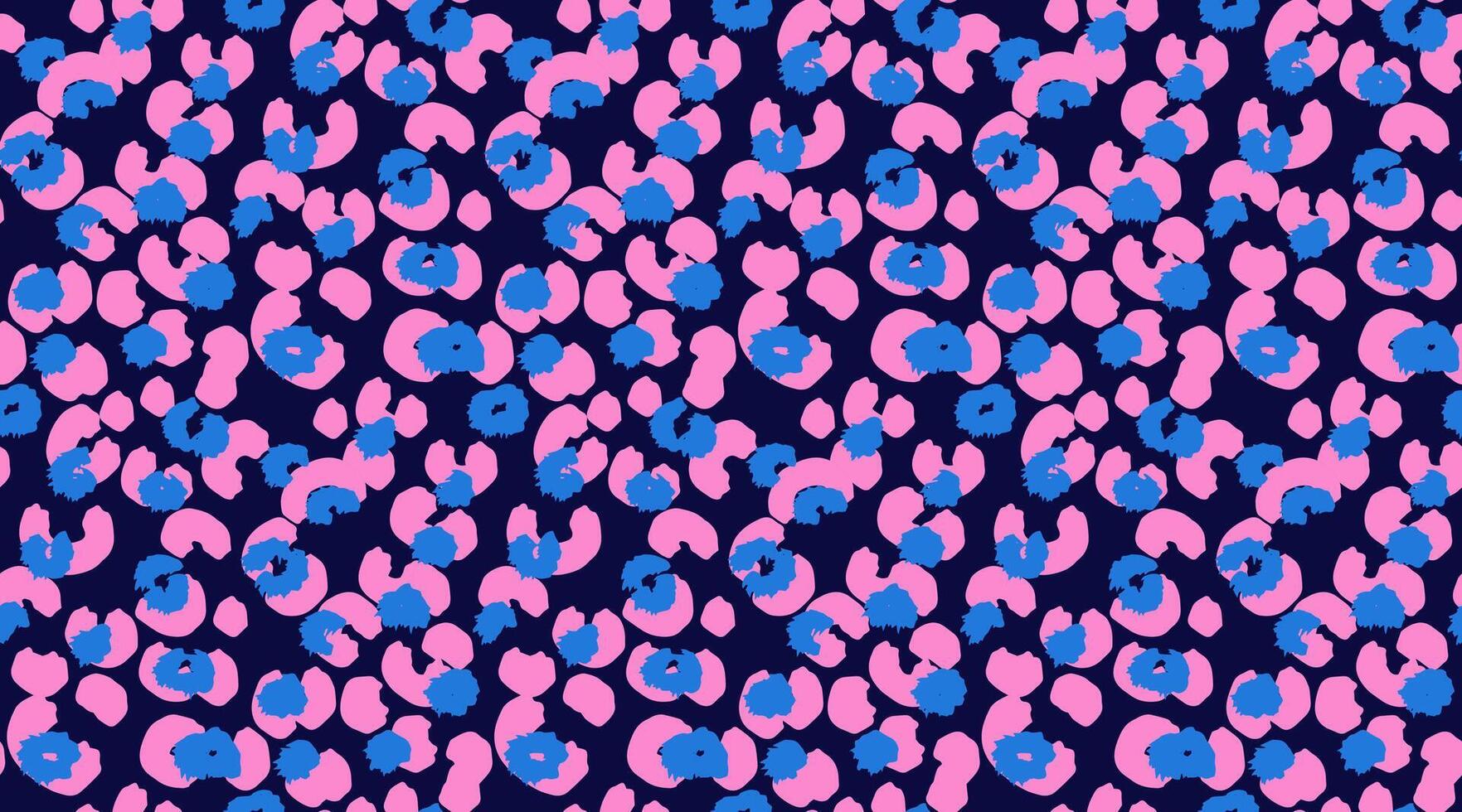 Playful seamless leopard pattern with vibrant pink and blue spots on a dark navy background. bold and modern design animal print for textiles, fashion, digital art, trendy decor projects vector