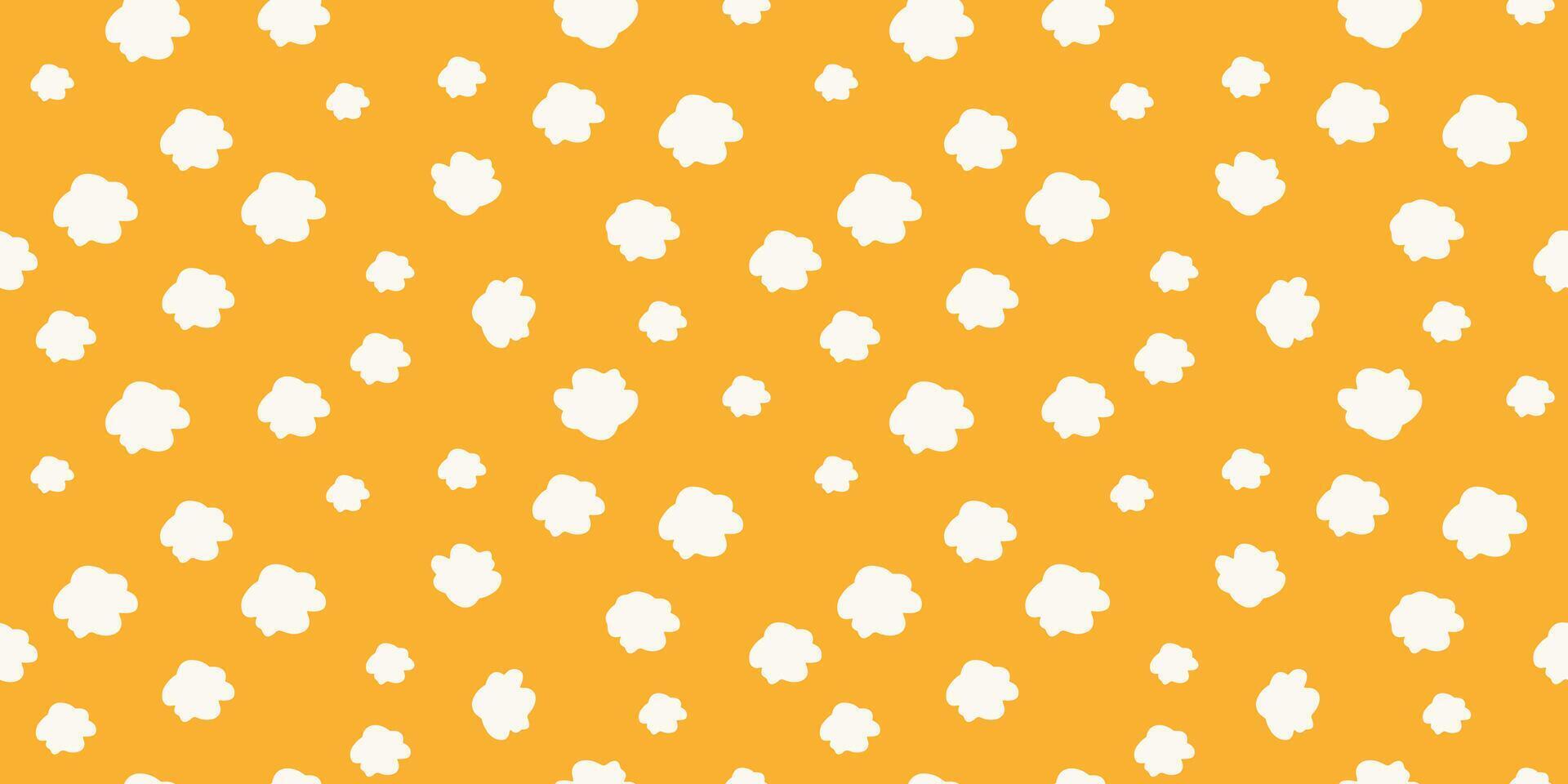 Playful seamless pattern with white cloud shapes scattered on a vibrant yellow background. Plain minimalist print for children's designs, bold wallpapers, stationery, and cheerful creative projects. vector