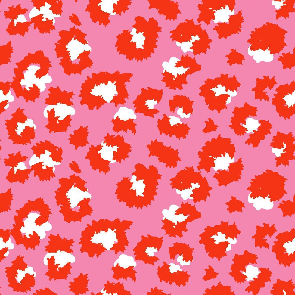 Colorful seamless leopard-inspired pattern in orange spots on a pink background. abstract design animal print. Perfect for fashion, textiles, wallpapers, offering a bold and trendy look vector