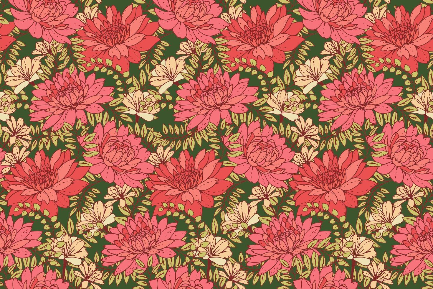 Summer seamless floral pattern on green background. Blooming mixed with herbs, leaves and meadow plants Nature ornament. Colorful flowers print. drawn illustration. for designs, fabric, textiles vector