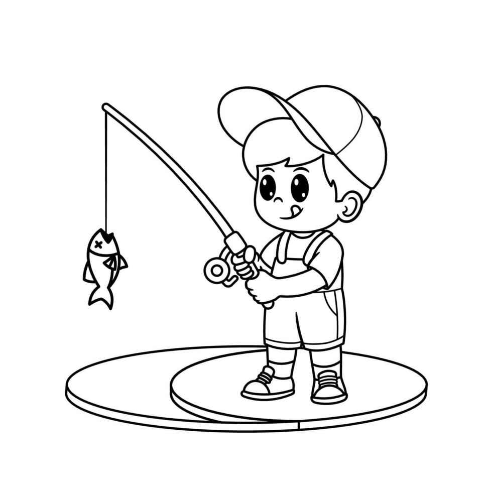 cute boy fishing cartoon coloring book vector
