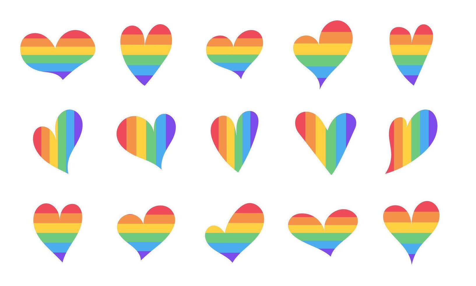 Set of LGBT hearts of different shapes. Set of rainbow hearts. Symbol of LGBTQ pride. Perfect for posters, stickers, cards, and pride month projects. illustration. vector