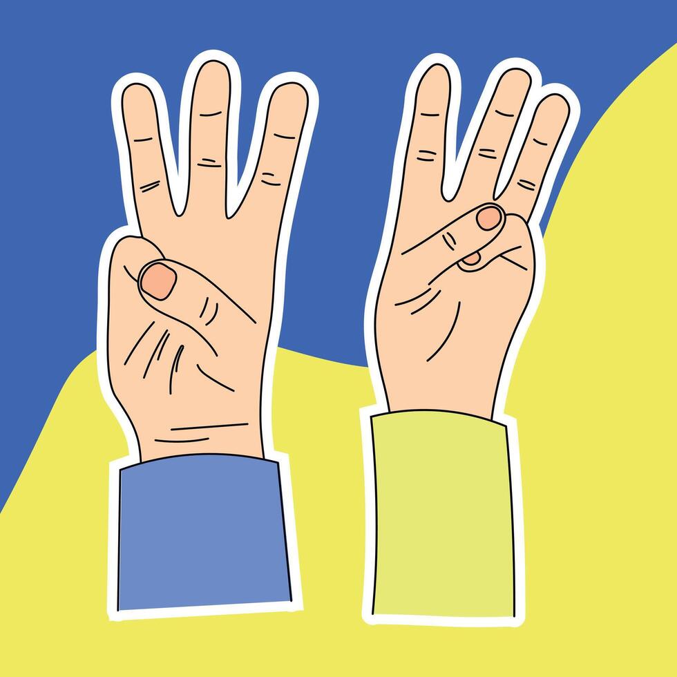 Stickers on a blue and yellow background, National symbol of the trident, coat of arms of Ukraine, 3 fingers, 2 hands vector