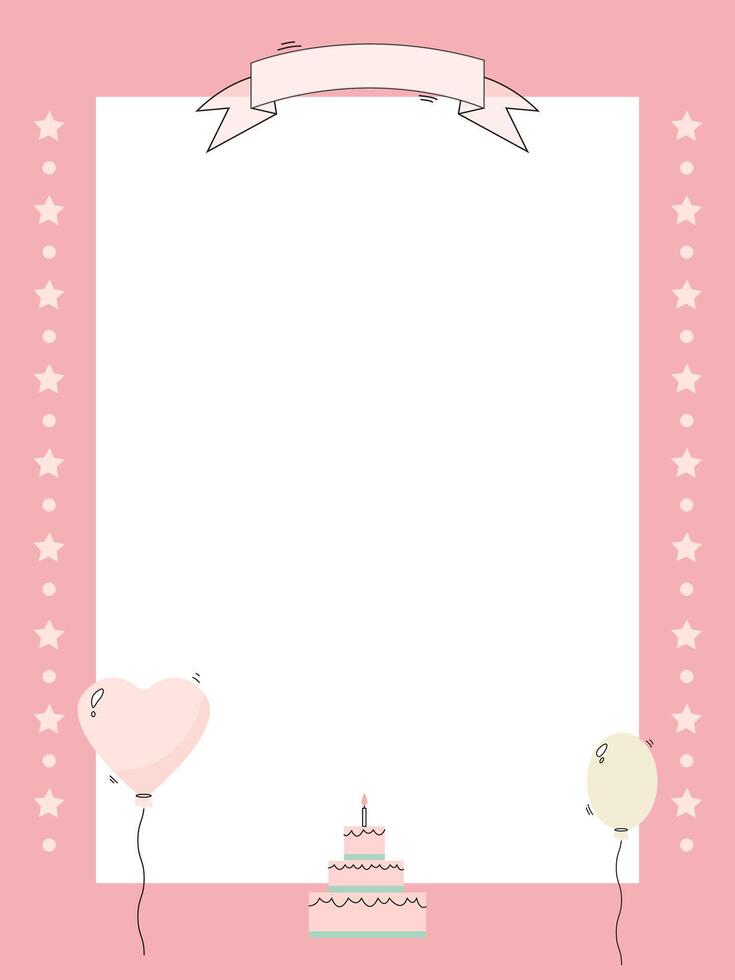 Cute pink frame for a girl with cake, balloons and stars vector