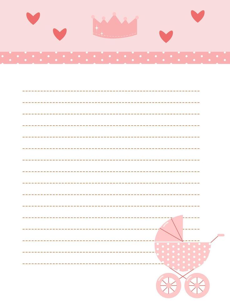 Note or diary page in pink with baby carriage and crown vector