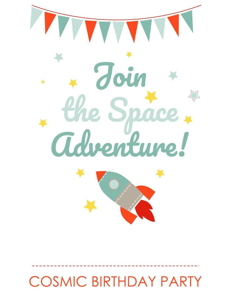 Poster for a space-themed birthday party with a rocket, garlands and stars vector