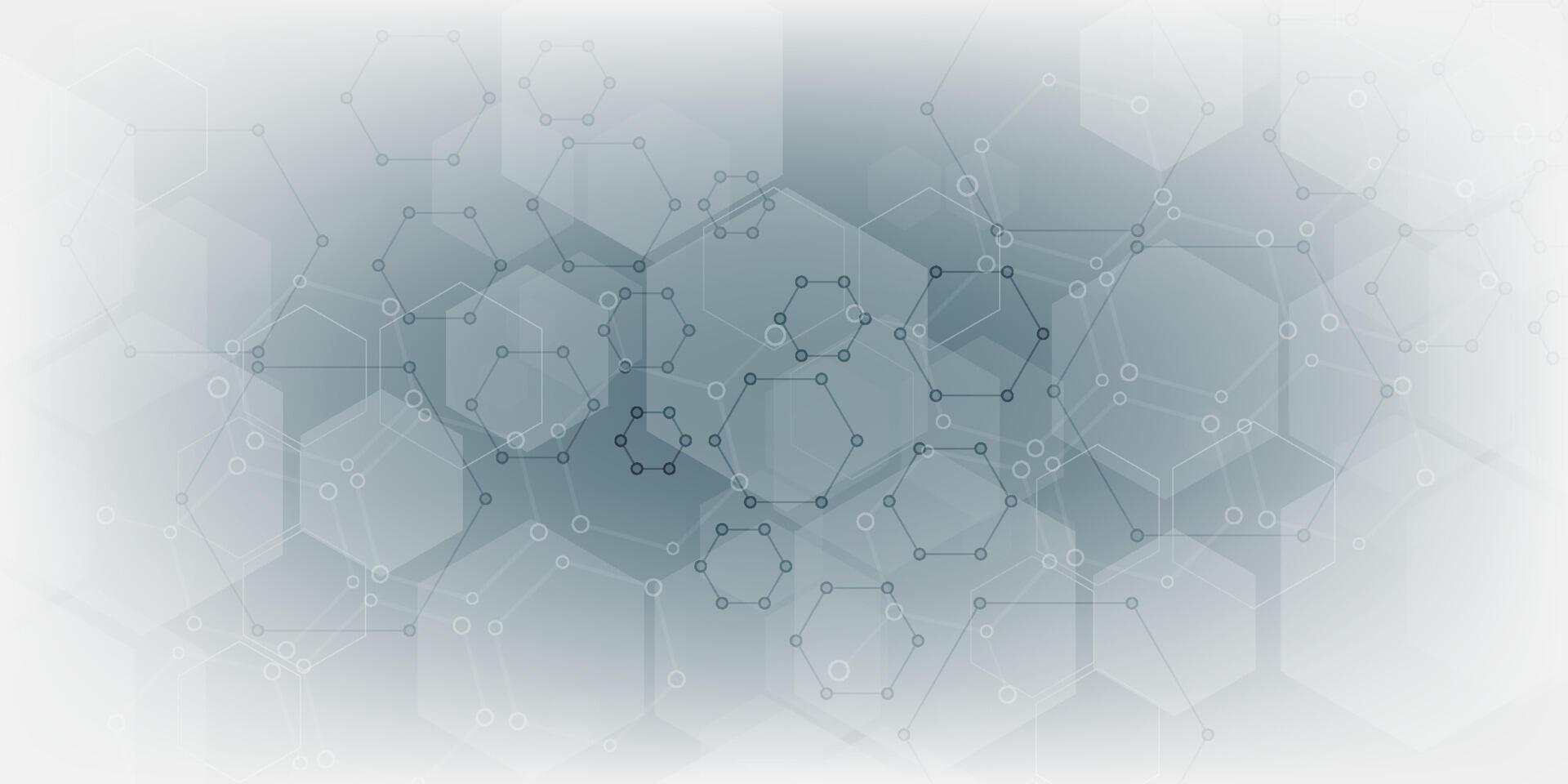 Gray scientific background with DNA line and hexagon cells. modern vector