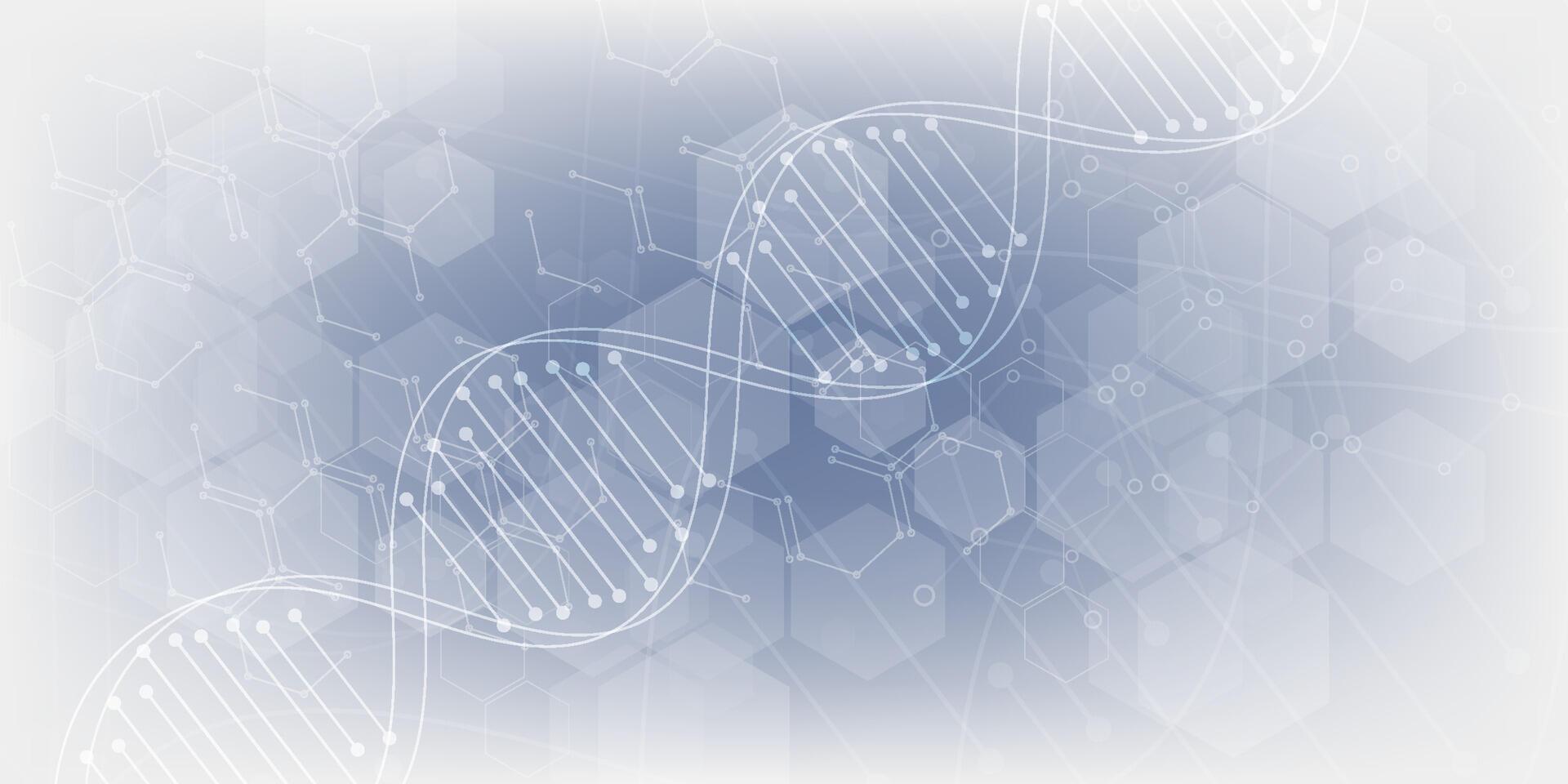 Gray scientific background with DNA line and hexagon cells. design vector