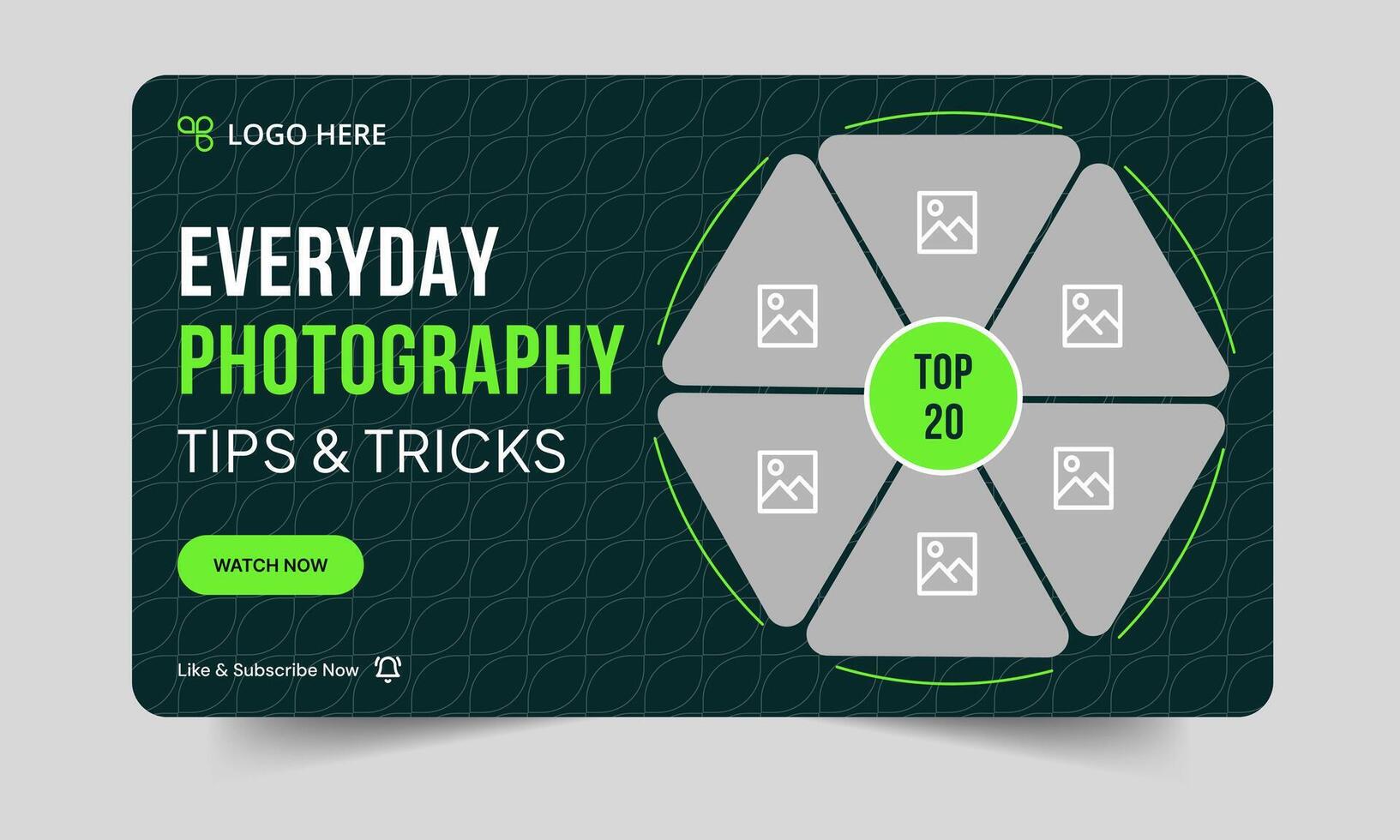 New photography daily tips and tricks thumbnail banner design, daily photography learning tips and techniques cover banner design, editable eps 10 file format vector