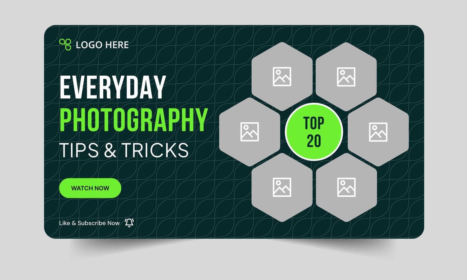 Polygonal shape photography daily tips and tricks thumbnail banner design, daily photography learning tips and techniques cover banner design, editable eps 10 file format vector