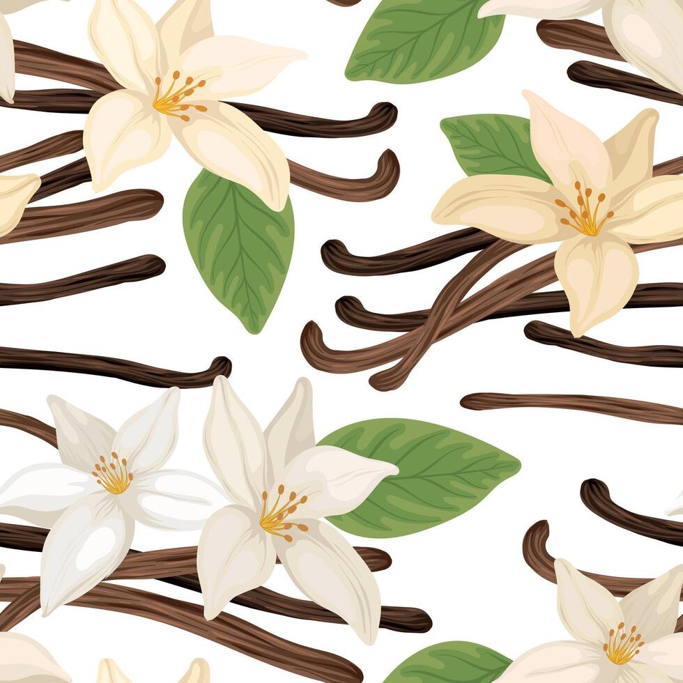 Realistic Vanilla Flower and Beans seamless pattern vector