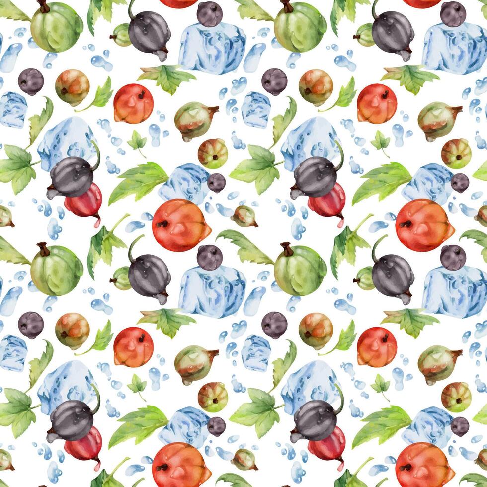 Currant gooseberry flying in water splash with ice cubes, dew drops, green leaves, ripe garden juneberry casseille jostaberry. Isolated seamless pattern hand drawn in watercolor. Craft drinks, grocery vector