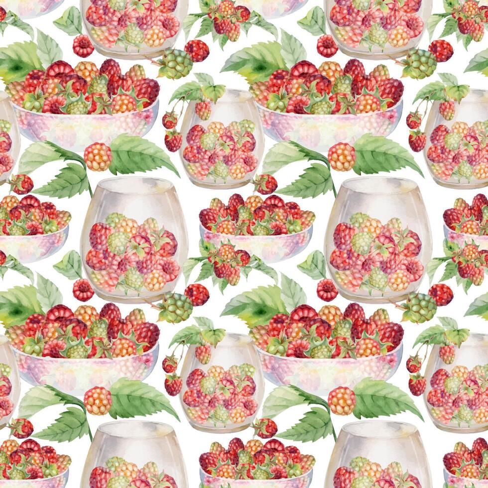 Raspberry with leaves served in glass bowls, scattered ripe picked berry harvest, hand drawn in watercolor. Isolated seamless pattern. Farmers market grocery, home preserves, food crockery packaging vector