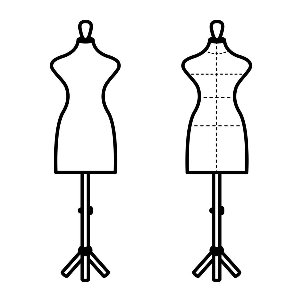 Female mannequin. Tailor mannequin silhouettes with measurement lines. Minimal fashion form for sewing and fitting. Design for pattern, fashion template, poster, mockup. vector