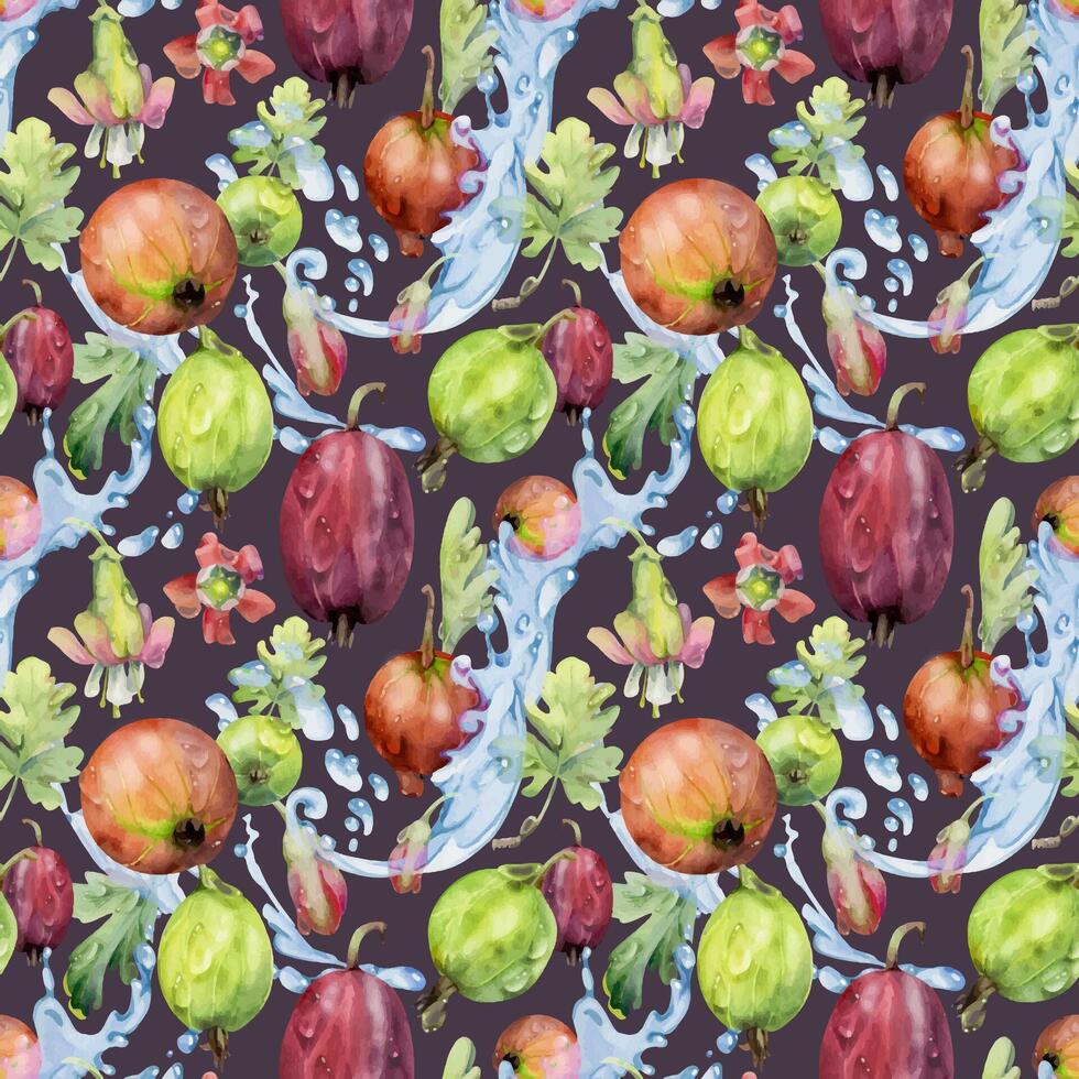 Gooseberry Currant berries flying in water splash, leaves and dew drops hand drawn in watercolor. Ripe garden juneberry casseille jostaberry. Seamless pattern isolated on dark. Fabric, wrapping paper vector