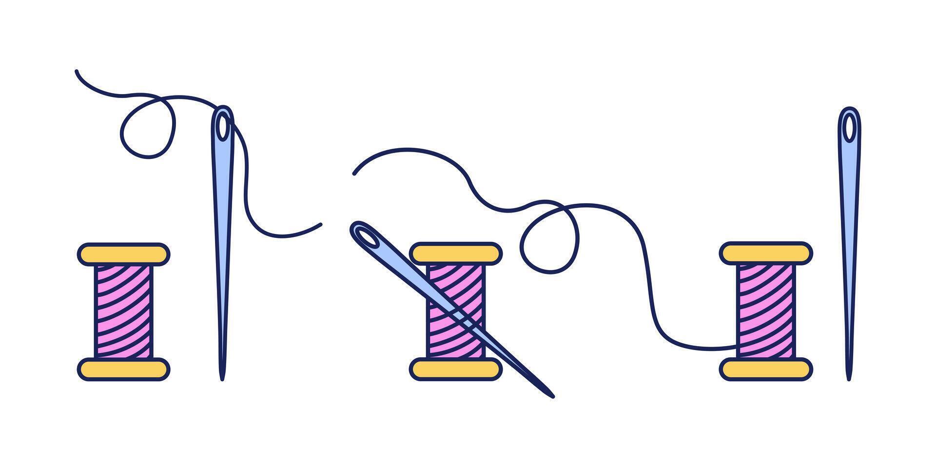 Needles and spools of thread in colorful linear style. Flat illustration for sewing and tailoring. Craft and handmade concept. Design for sticker, print. vector