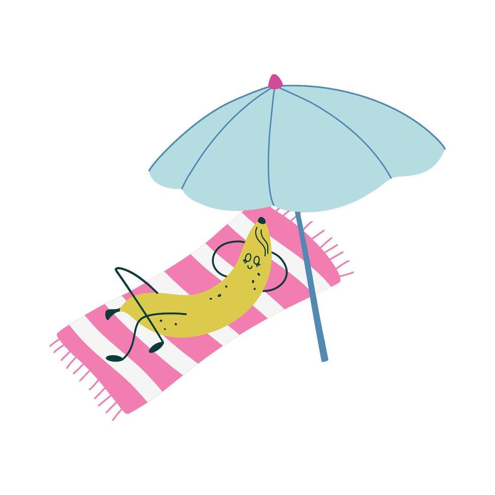 Cute banana character sunbathing on beach. Kawaii fruit character enjoying Summer beach vacations. Hand drawn flat design illustration. vector