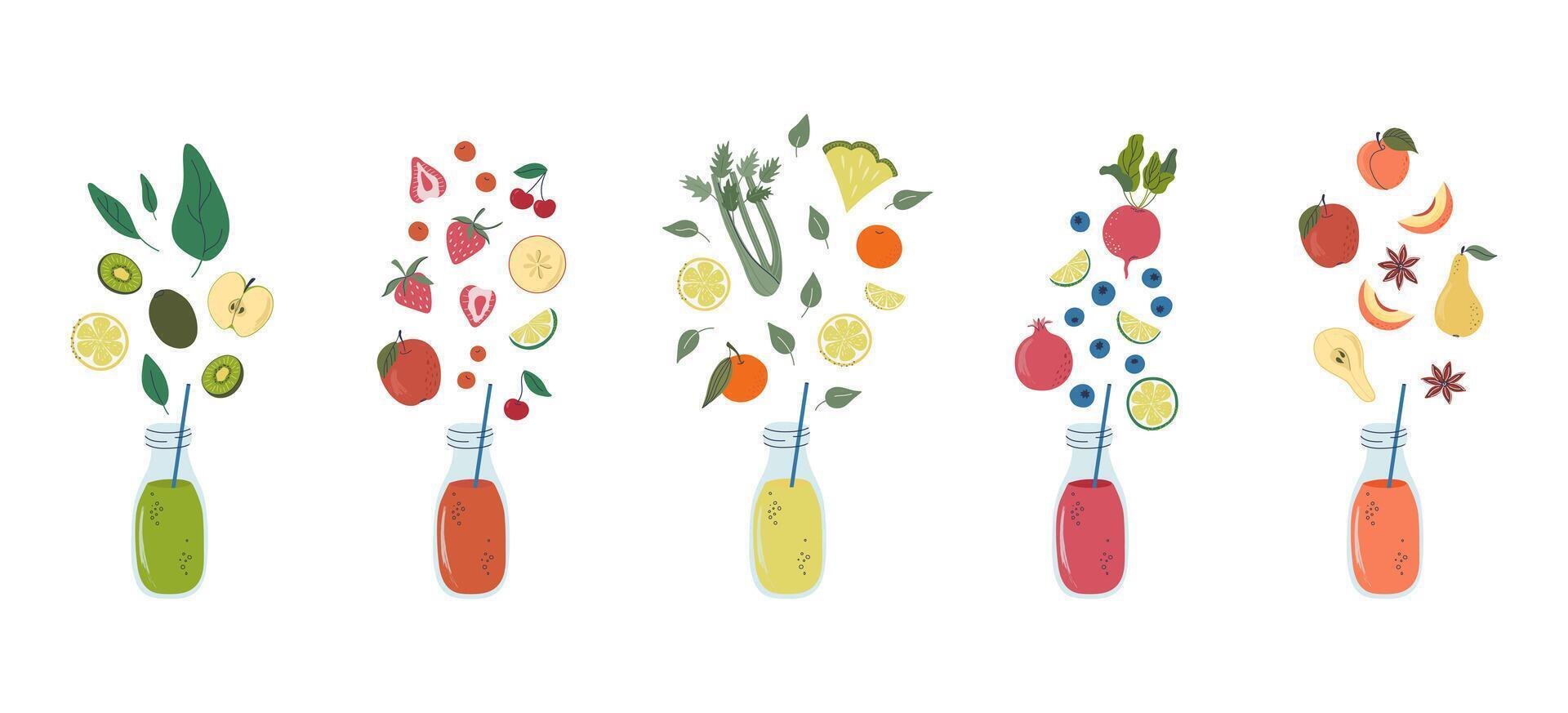 Set of glass bottles with colorful beverage, fruits, vegetable and berries. Tasty vitamin juice or smoothie recipes. Healthy drink. Hand drawn flat design illustration. vector