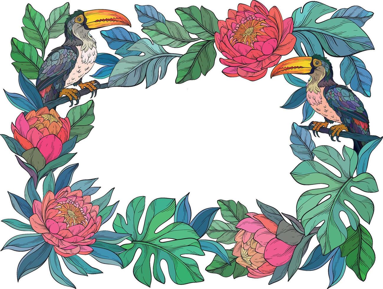A vibrant illustration of a tropical floral frame with colorful toucans, lush green leaves, and exotic blooming flowers arranged around the border vector