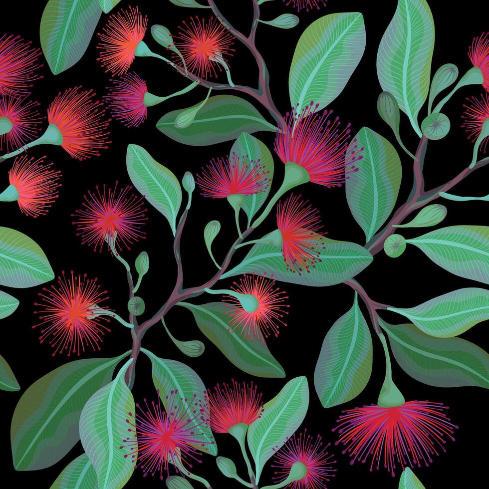 Seamless pattern with green leafy branches with bright red and purple fluffy eucalyptus flowers, illustration vector