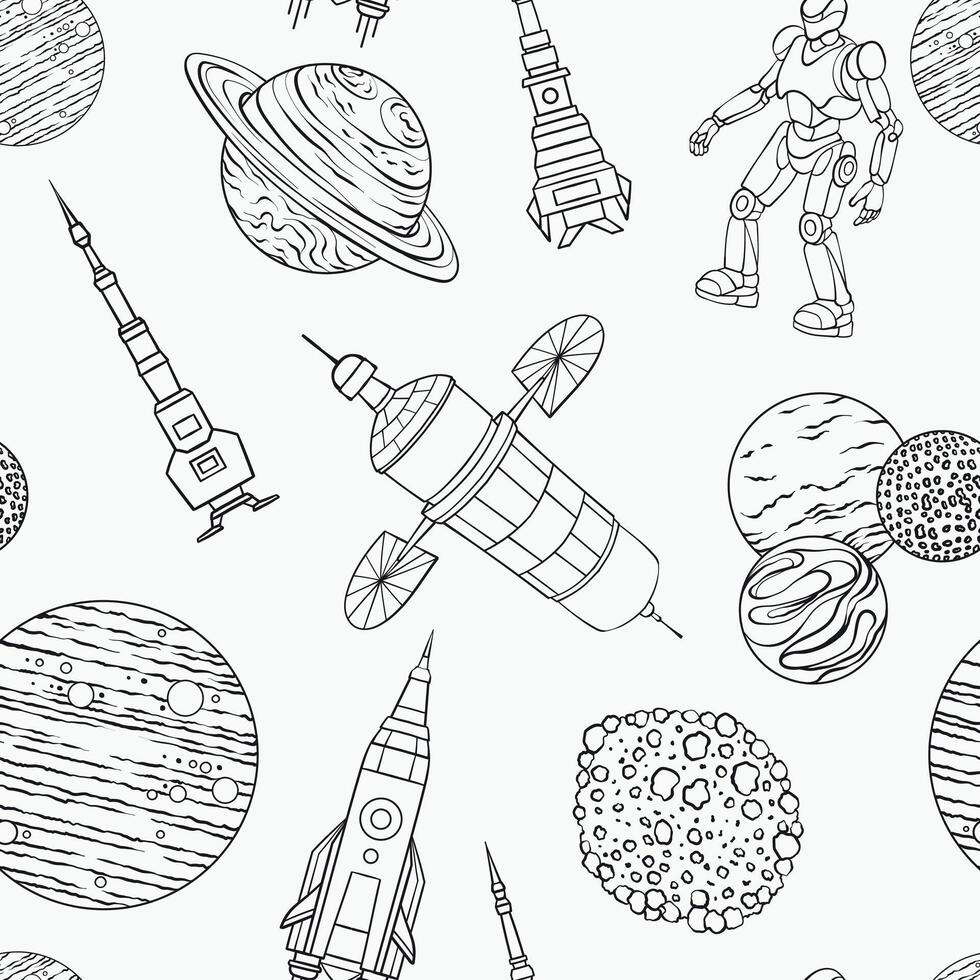 A seamless pattern with featuring line art space elements such as rockets, planets, a robot, satellites, and asteroids, illustration vector