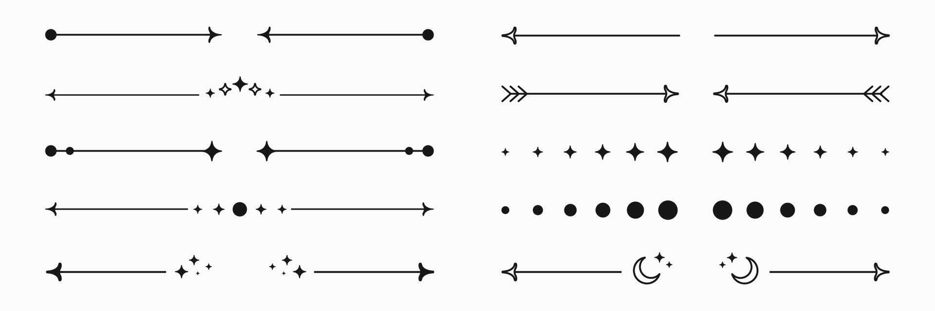 Graphic dividers and decorations, y2k aesthetics shapes and stickers. Arrows and stars, moons and circles. design elements. vector