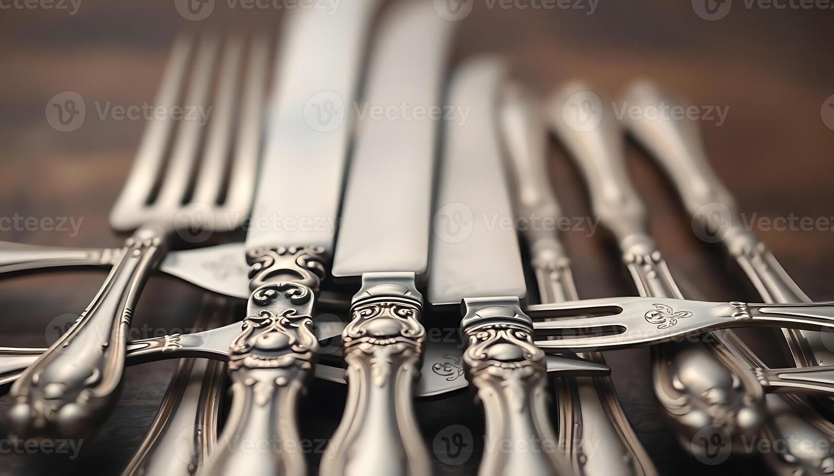close up of a bunch of silverware on a table photo