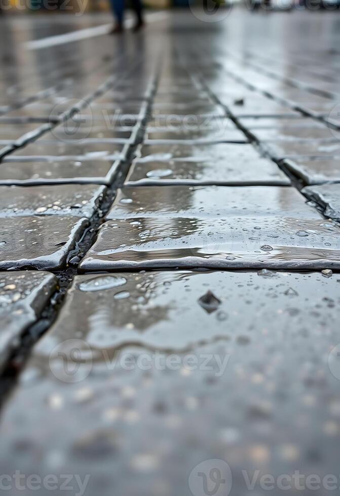 close up of a wet sidewalk with people walking in the background photo
